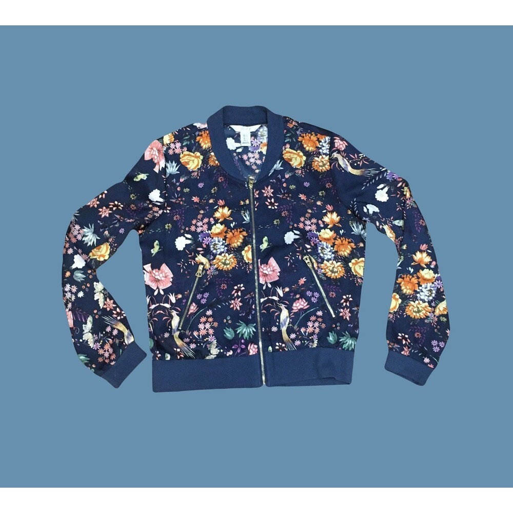 Street Wear Society SMALL Blue Floral Bomber Jacket Lightweight Pockets Full Zip